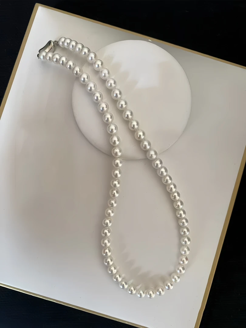 S925银元宝扣头近正圆7-8mm淡水珍珠项链