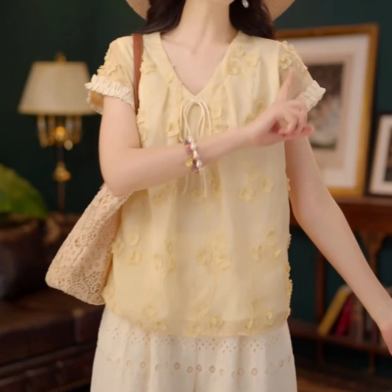 【澜月桂】2025夏季新款甜美休闲百搭小众短袖女夏季上衣LK2505110