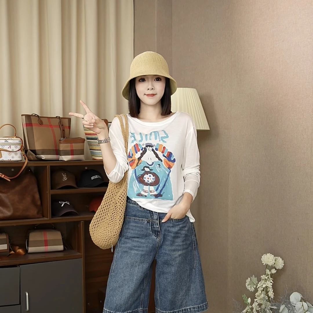 【Smile女孩】天丝面膜T恤女2025秋装新款女装薄款长袖防晒衣潮流