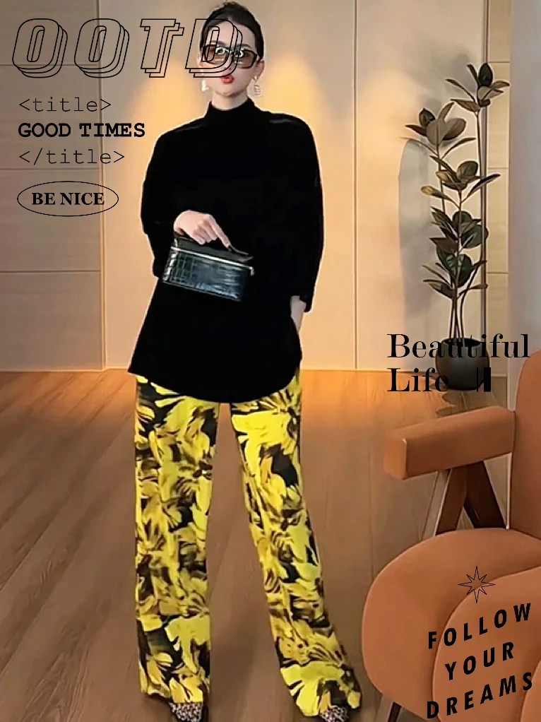 欧洲站2025夏季新款时尚宽松中长款丝绒T恤女高腰印花休闲裤套装