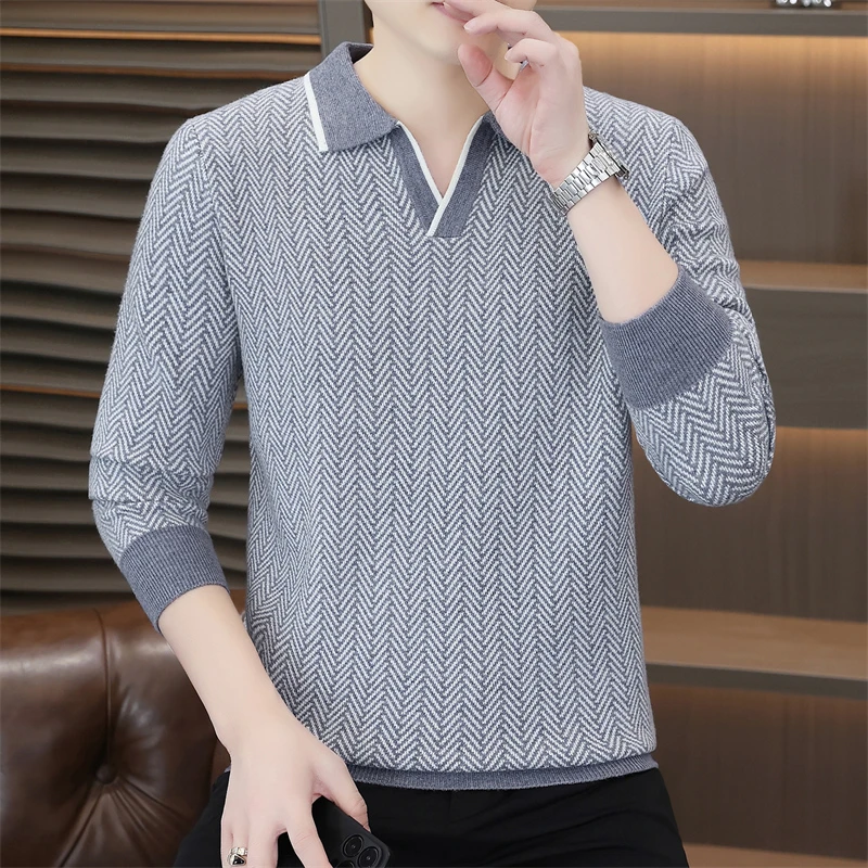 高档翻领提花毛衣男士秋冬时尚潮流针织衫内搭打底衫品质男装1127