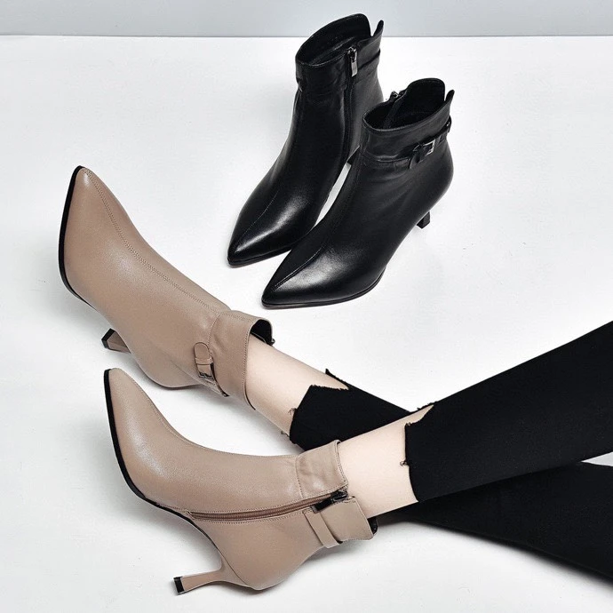 3cm41大码羊皮短靴尖头细跟高跟鞋2025新款爆款小裸靴小跟瘦瘦靴