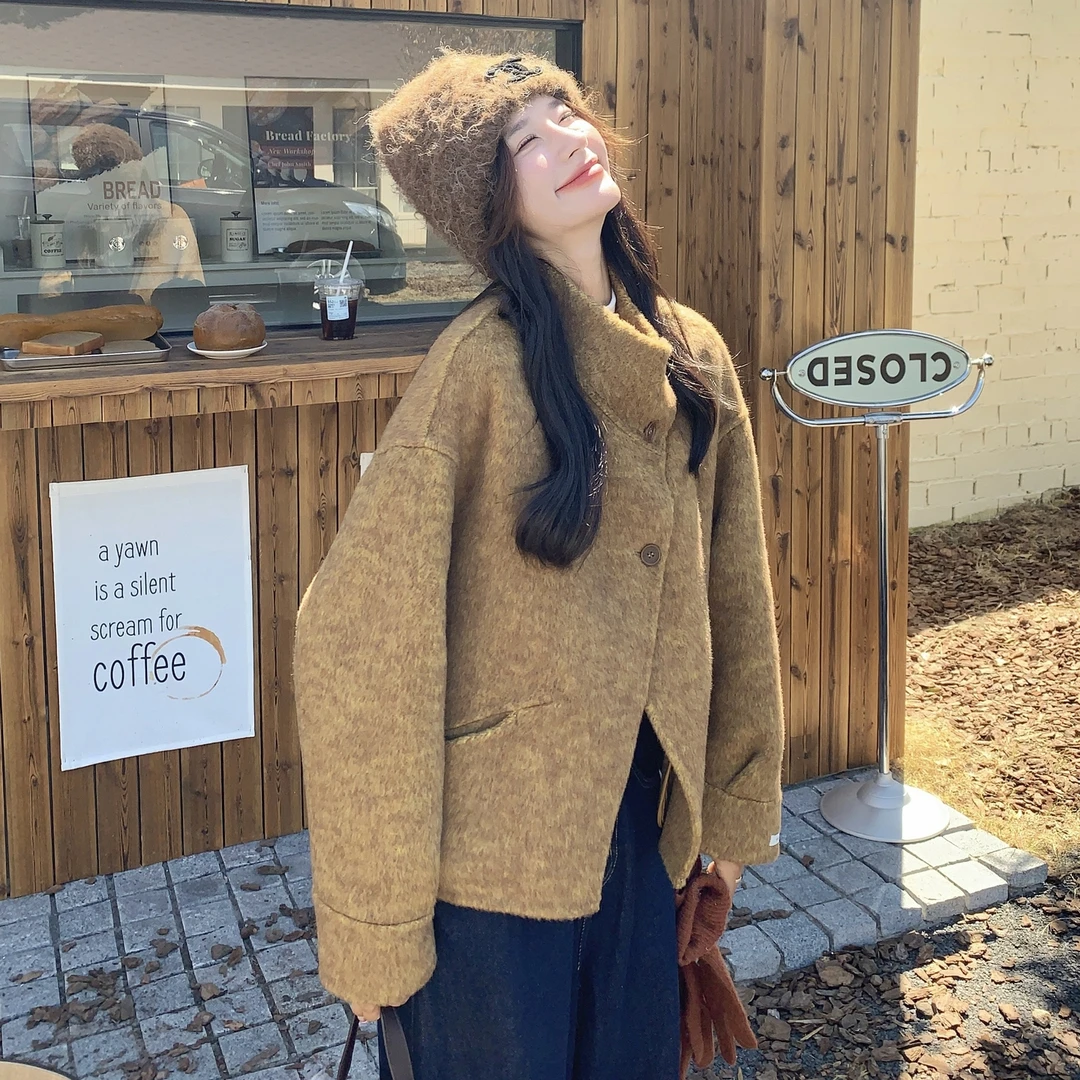 韩系氛围感复古双面呢大衣女2025秋冬新款小个子气质时尚羊毛外套