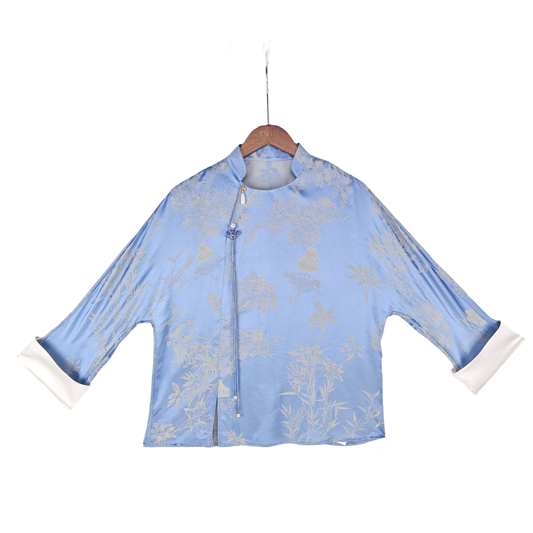 【北柯】桑蚕丝新中式中国风复古百搭时尚优雅显斜襟长袖上衣 24071