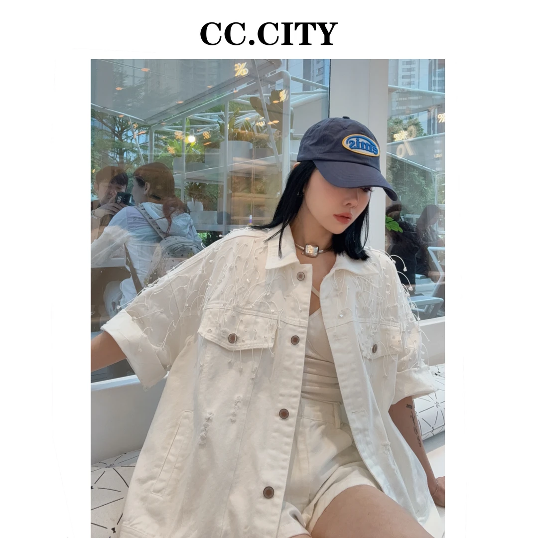 【蔡丽丽&添羽】时尚高级百搭流苏牛仔外套6x595-1