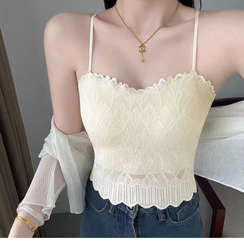 睫毛蕾丝美背一字领防走光修身小吊带内衣百搭短款性感夏季内搭