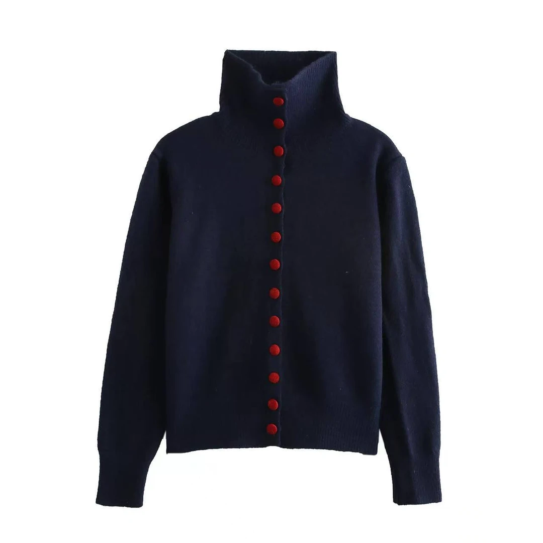 A228高领针织开衫女秋冬复古慵懒风显瘦毛衣外套