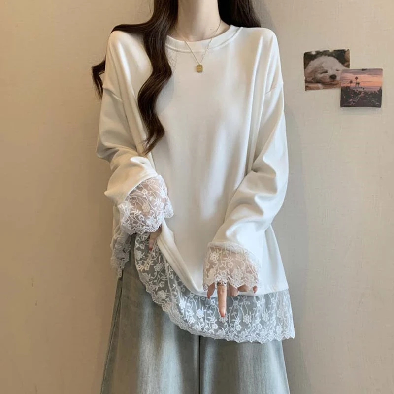 大码女装圆领落肩袖拼接蕾丝长袖T恤女冬胖MM休闲内搭打底衫上衣