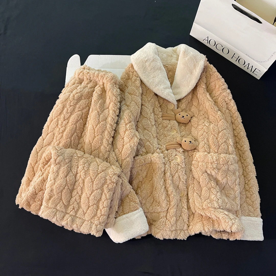 睡衣女秋冬季2025新款珊瑚绒大码加厚长毛绒棕小熊套装冬天家居服