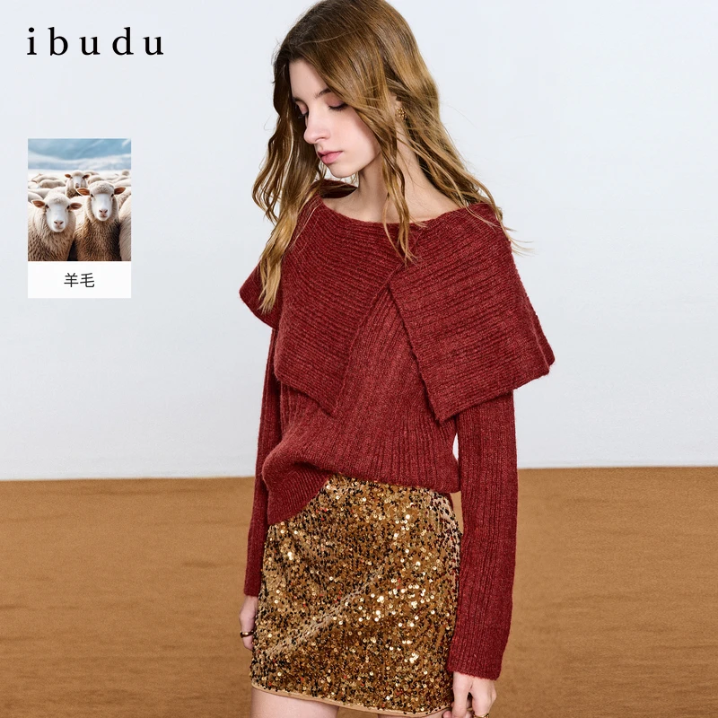 三彩ibudu2025冬季新款一字领针织衫设计感毛衫套头女