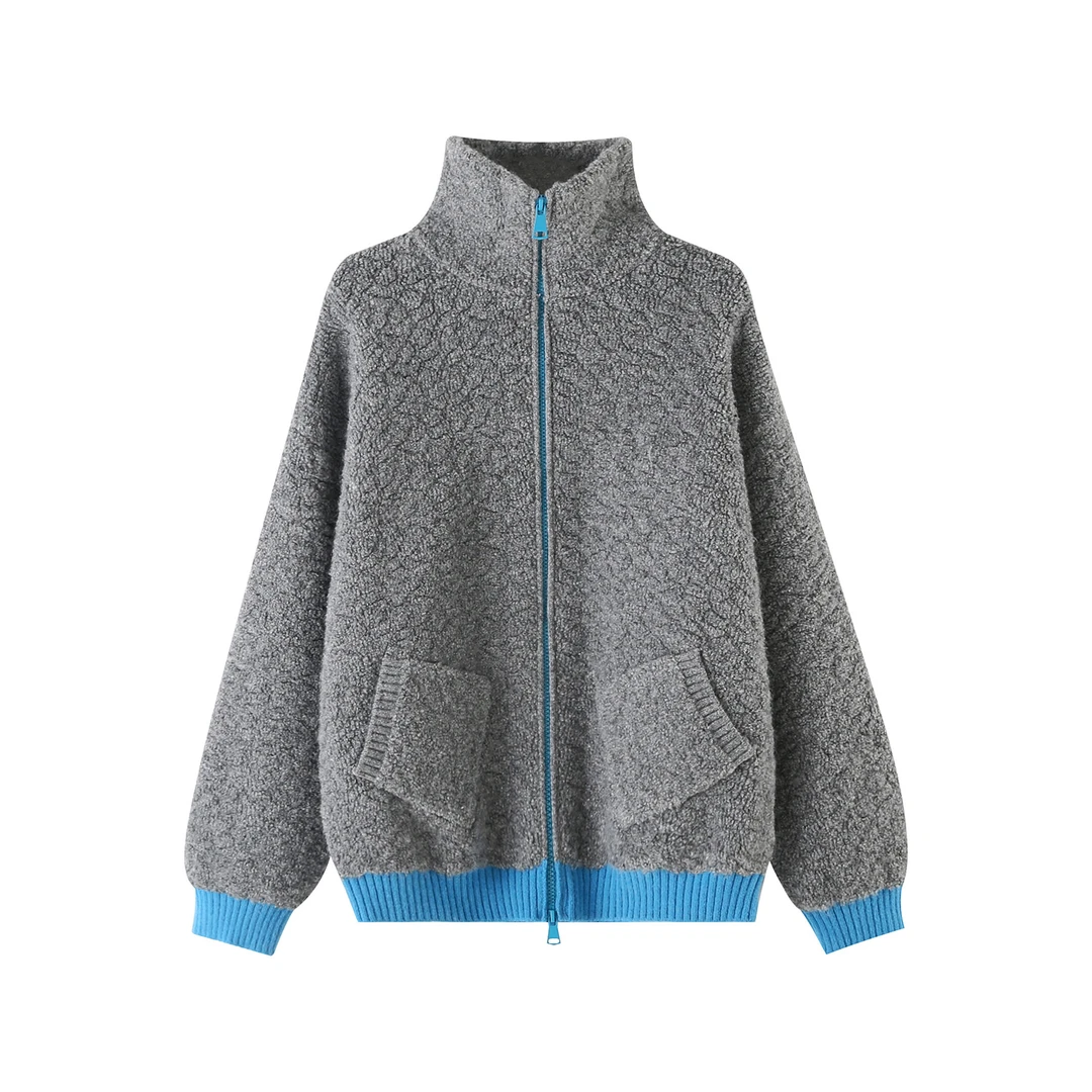 毛针织衫慵懒风秋季拼接针织保暖宽松立领女装冬季