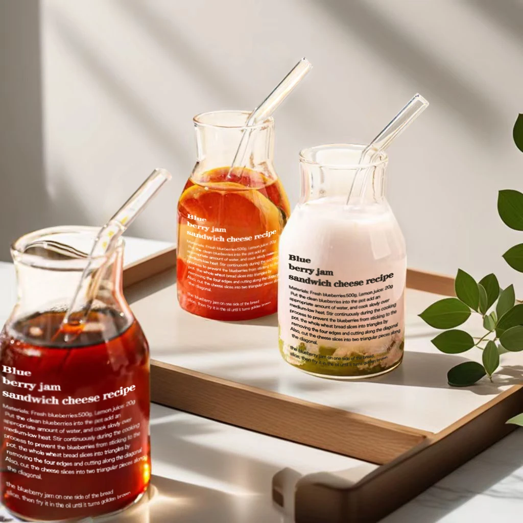 ins风爆款耐热玻璃牛奶咖啡杯子果汁冷饮吸管杯大容量印花情侣杯