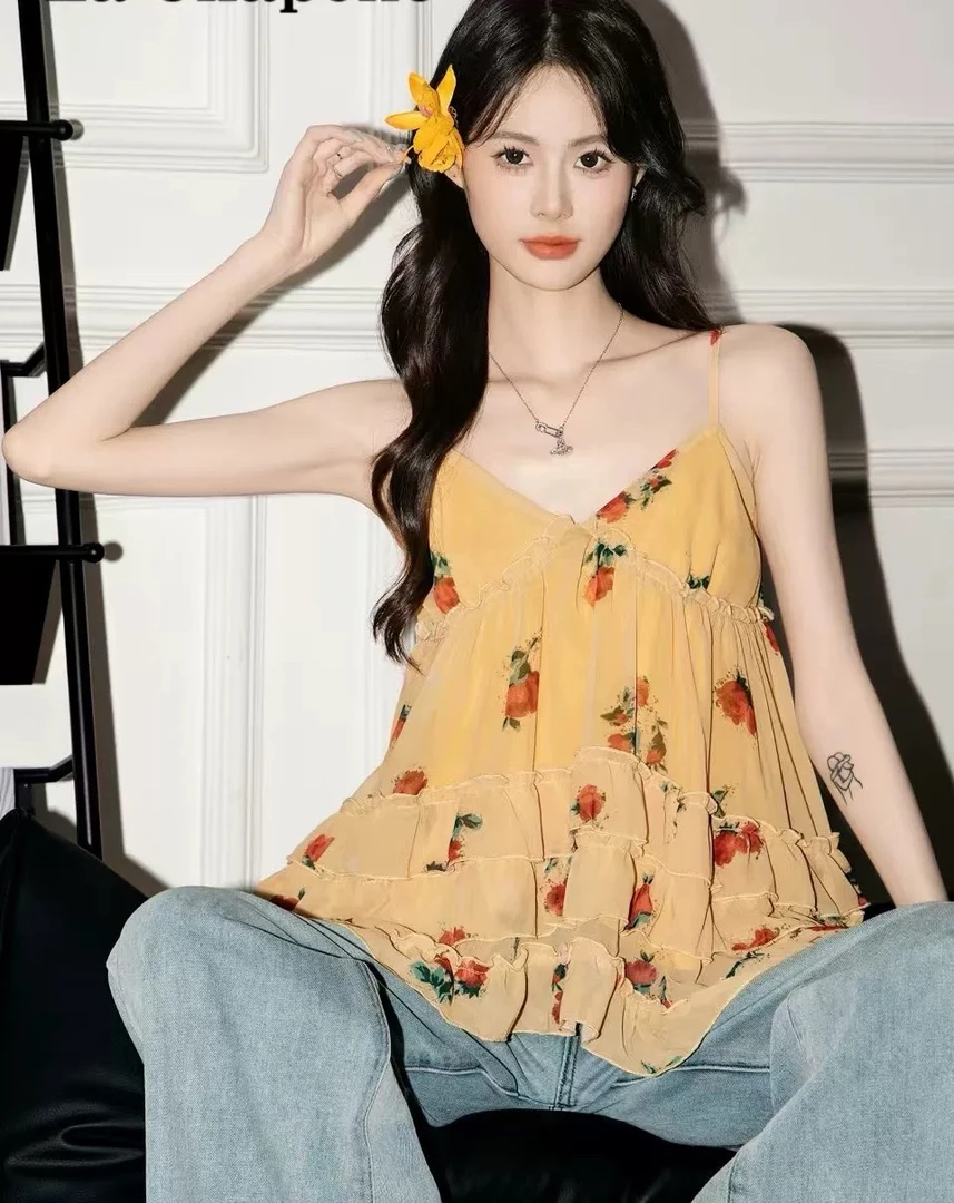 甜美风荷叶边无袖背心吊带女2025夏新露背纯欲风美背上衣碎花