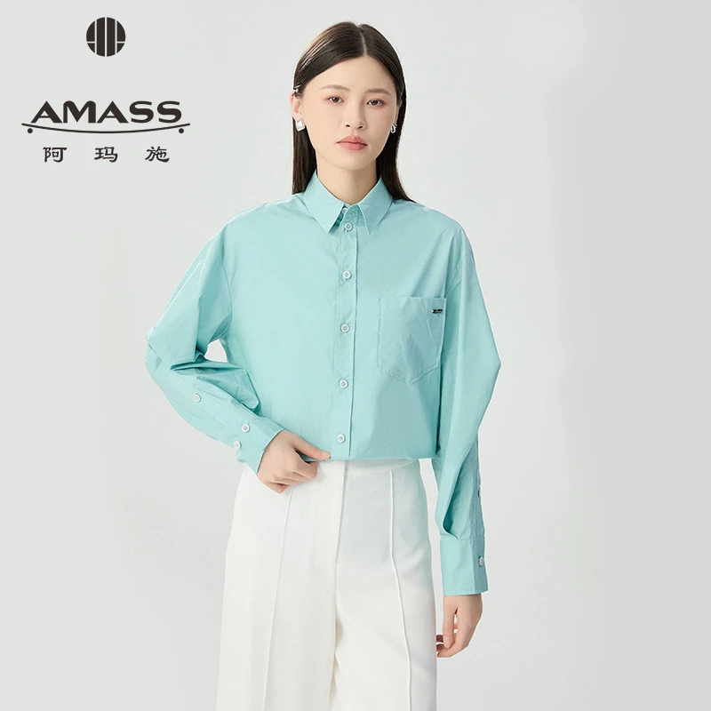 阿玛施AMASS新款女装减龄通勤简约中长款宽松长袖棉质衬衫5300910