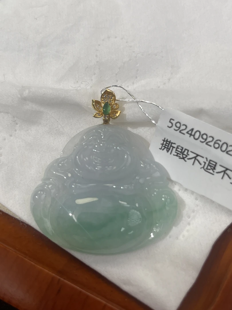 天然缅甸a货翡翠18k金扣头绿佛公