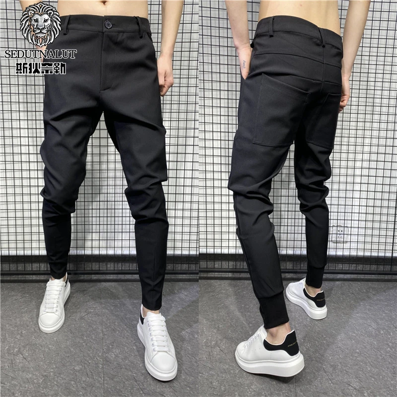 斯狄奈勒高档西裤男士韩版修身黑色休闲长裤潮流网红束脚裤小脚裤