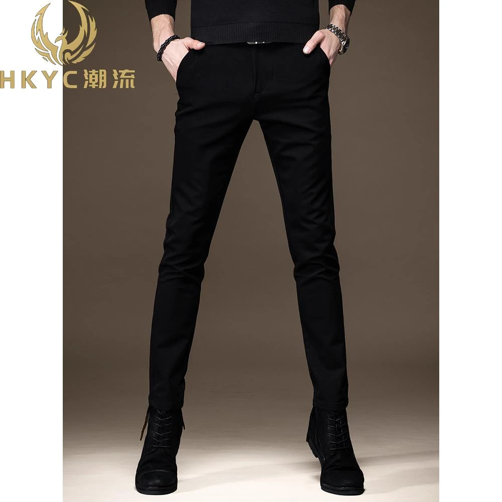 HKYC高端纯黑色牛仔裤男秋季加绒韩版修身小脚弹力百搭休闲裤子男