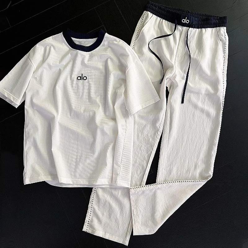 夏季慵懒风透气薄款宽松休闲套装男士百搭帅气圆领短袖长裤两件套