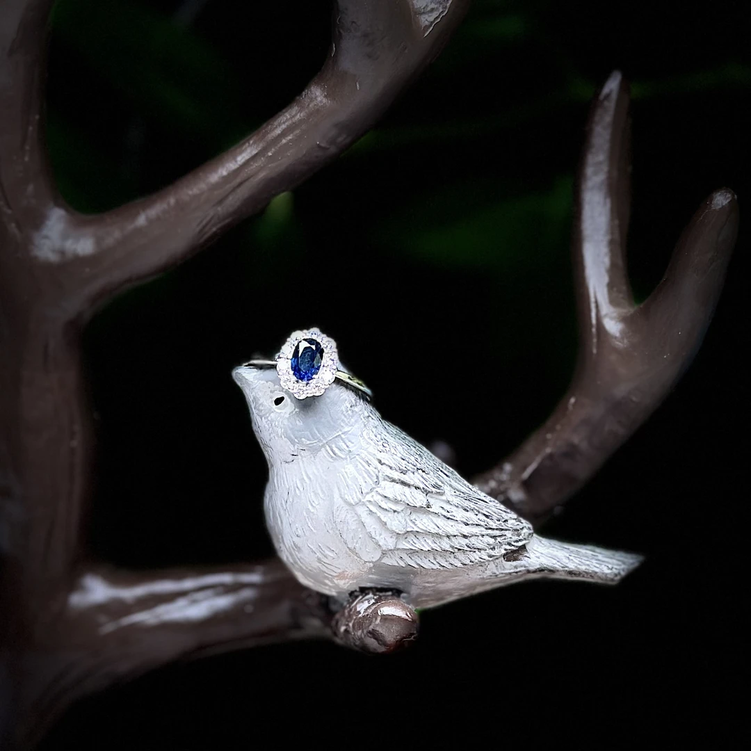 【079】天然蓝宝石带钻戴妃款戒指银925