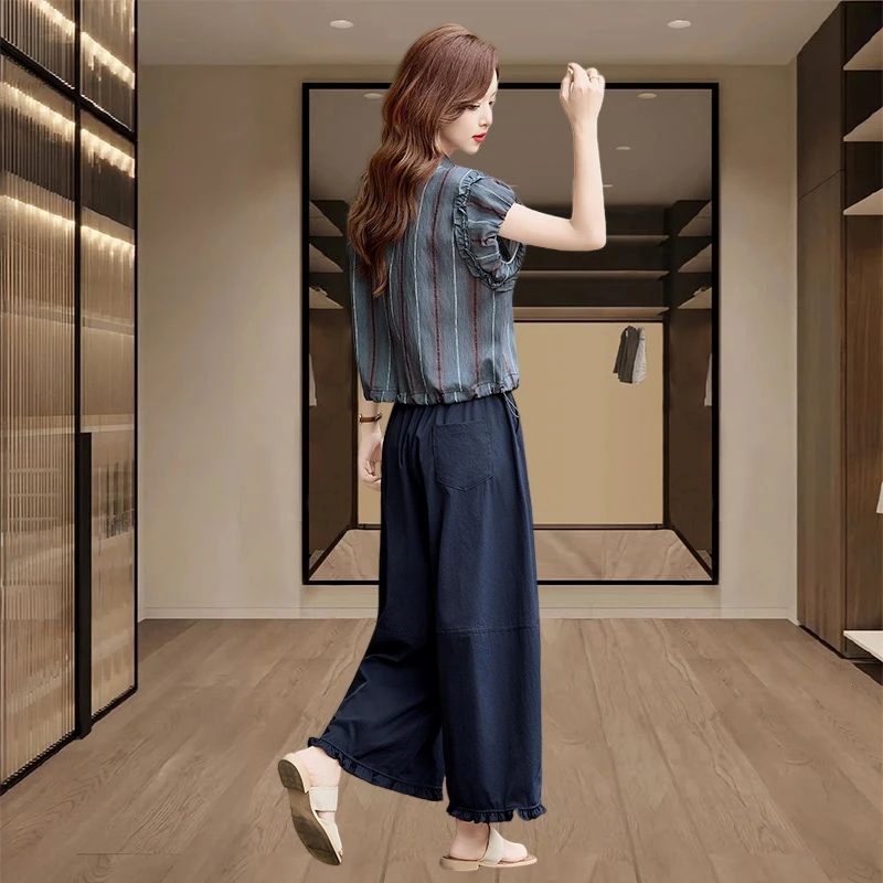 2025夏季新款女士大方得体时尚套装条纹衬衫休闲花边阔腿裤两件套