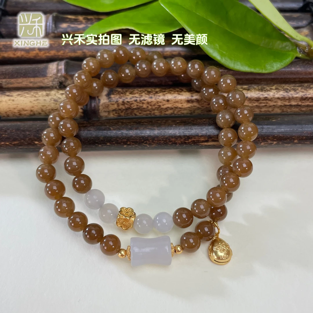 和田玉糖色双圈手串竹节配饰6mm新国风中式D7022