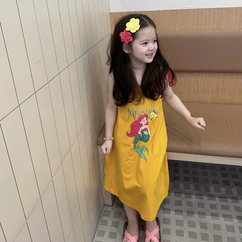 女童美人鱼连衣裙夏季2025韩系穿搭卡通印花系带吊带裙y