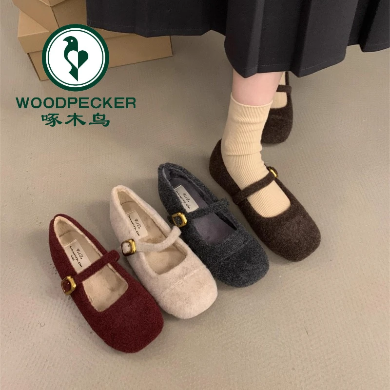 啄木鸟毛毛鞋女2024冬气质加绒玛丽珍单鞋软底防滑棉鞋孕妇配裙子