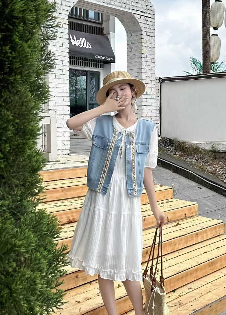 25171【衣长45裙长95】2025夏季新款牛仔马甲+泡泡袖裙子两件套女