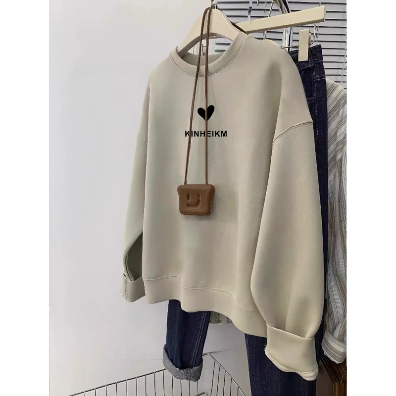 圆领套头打底衫加绒加厚卫衣女2025秋冬新款宽松韩版外套春秋薄款