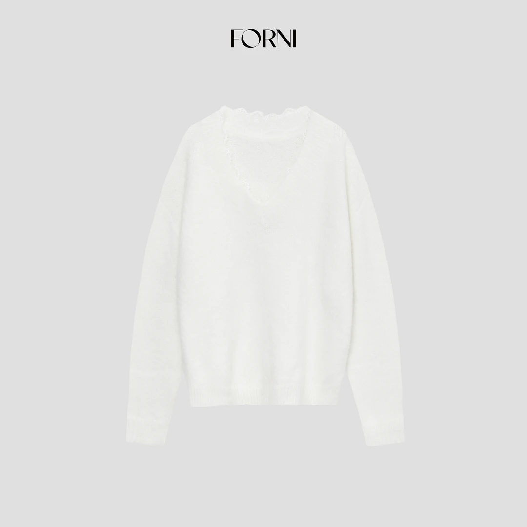 FORNI 时光织梦领口拼接蕾丝毛针织衫V领宽松羊毛上衣