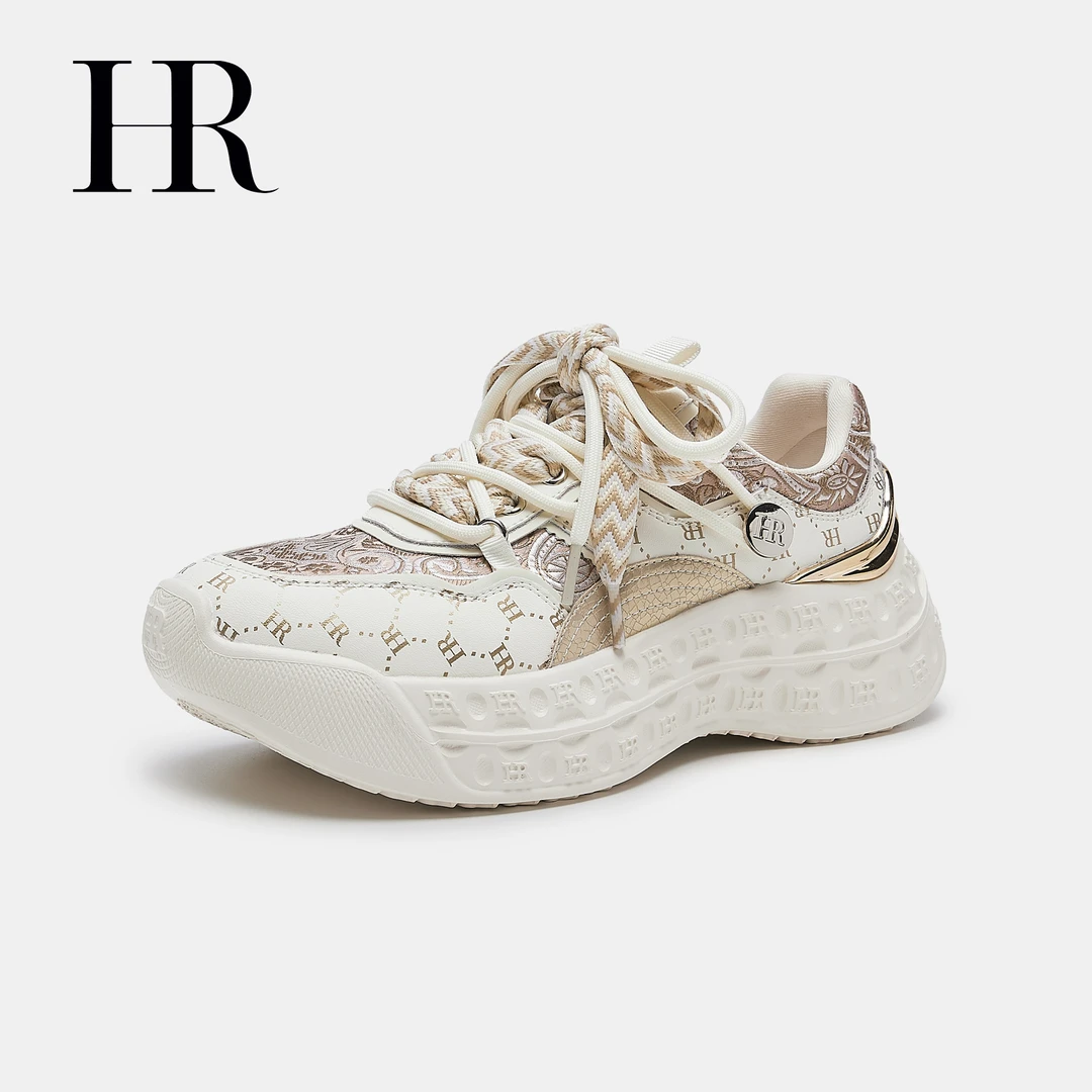 HR/赫莲娜轻奢潮流花纹厚底增高老爹鞋奶油白复古风舒适日时尚