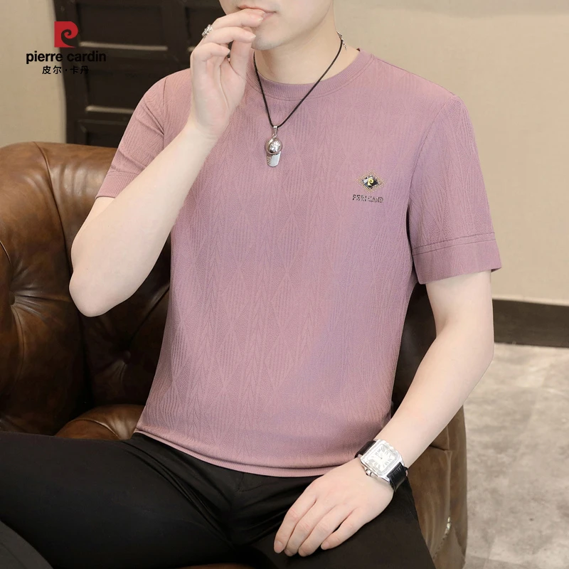皮尔卡丹轻奢高档男士针织提花短袖T恤夏季薄款休闲百搭圆领半袖