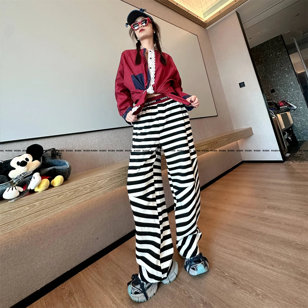 条纹阔腿裤女春季新款高定松紧腰弯刀裤垂感直筒高级感宽松休闲裤
