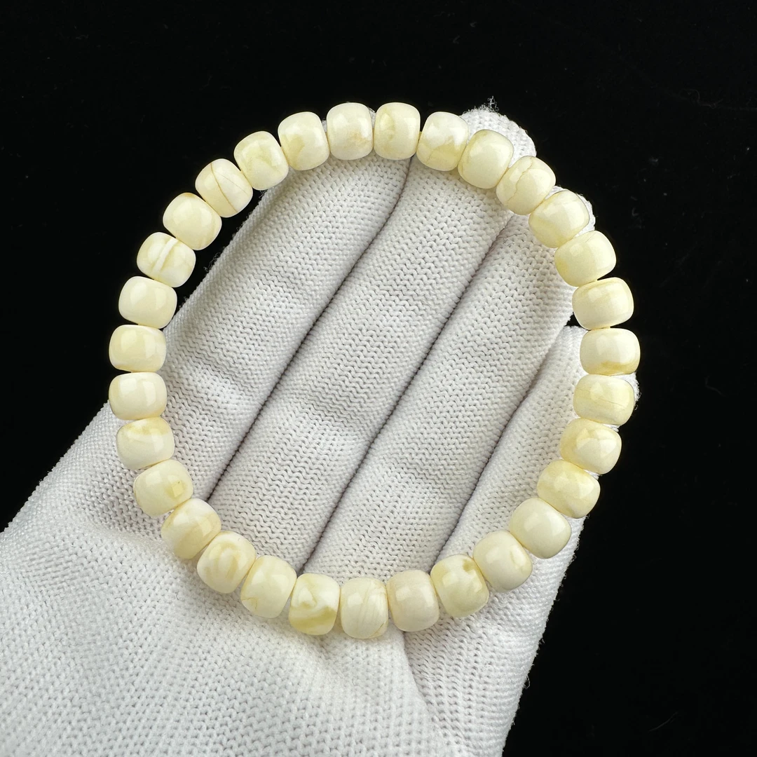 R2464天然原矿蜜蜡 瓷白花手串 7.5*6mm抖音基地质检发货