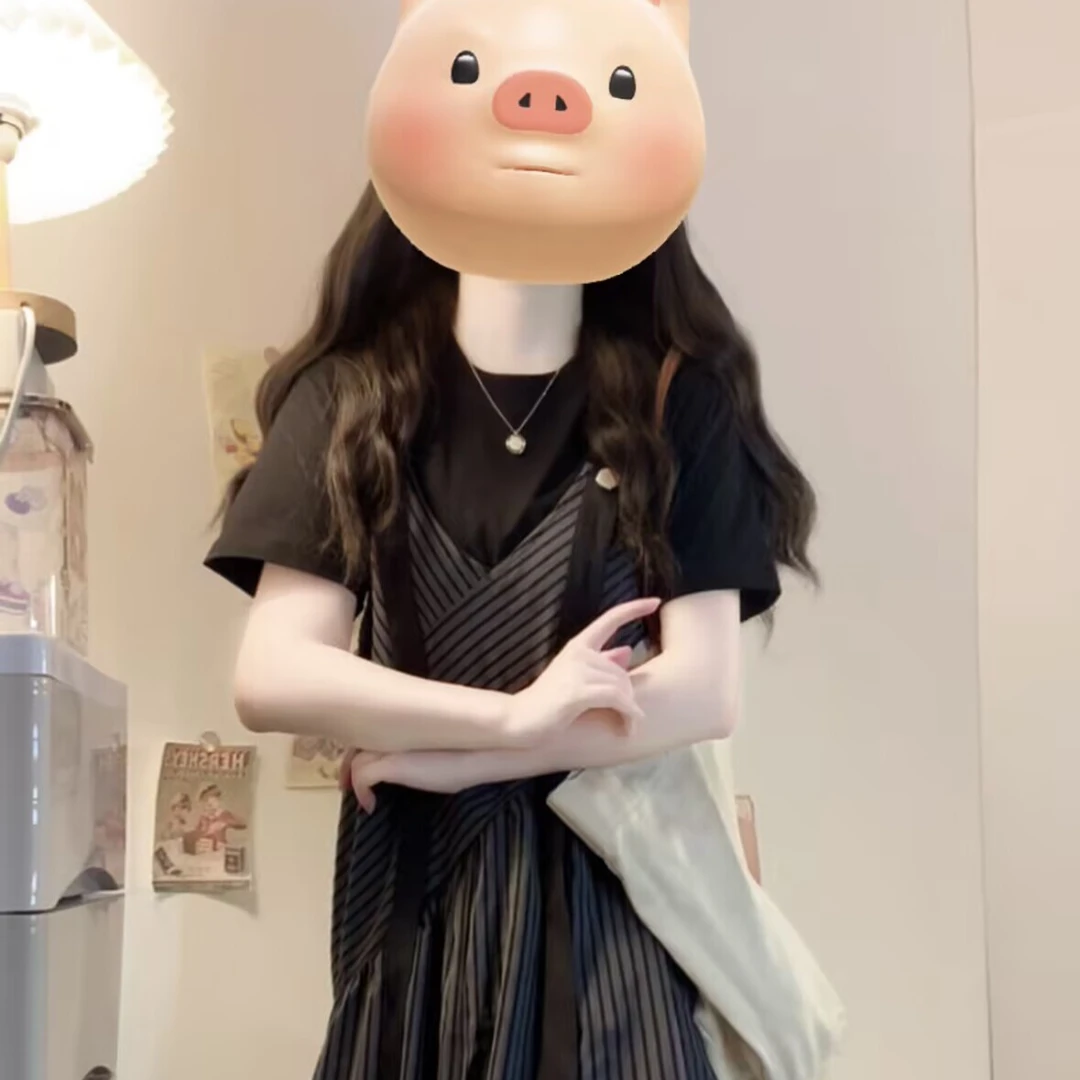 大码夏季气质休闲短袖显瘦小众设计感条纹背带裤洋气减龄穿搭