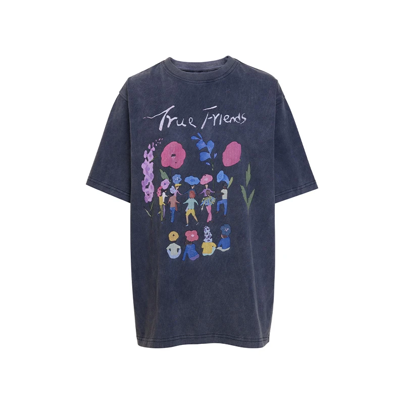 TRACY CHU灰色水洗棉手绘好朋友T恤洋气通勤休闲百搭洋气秋冬新款