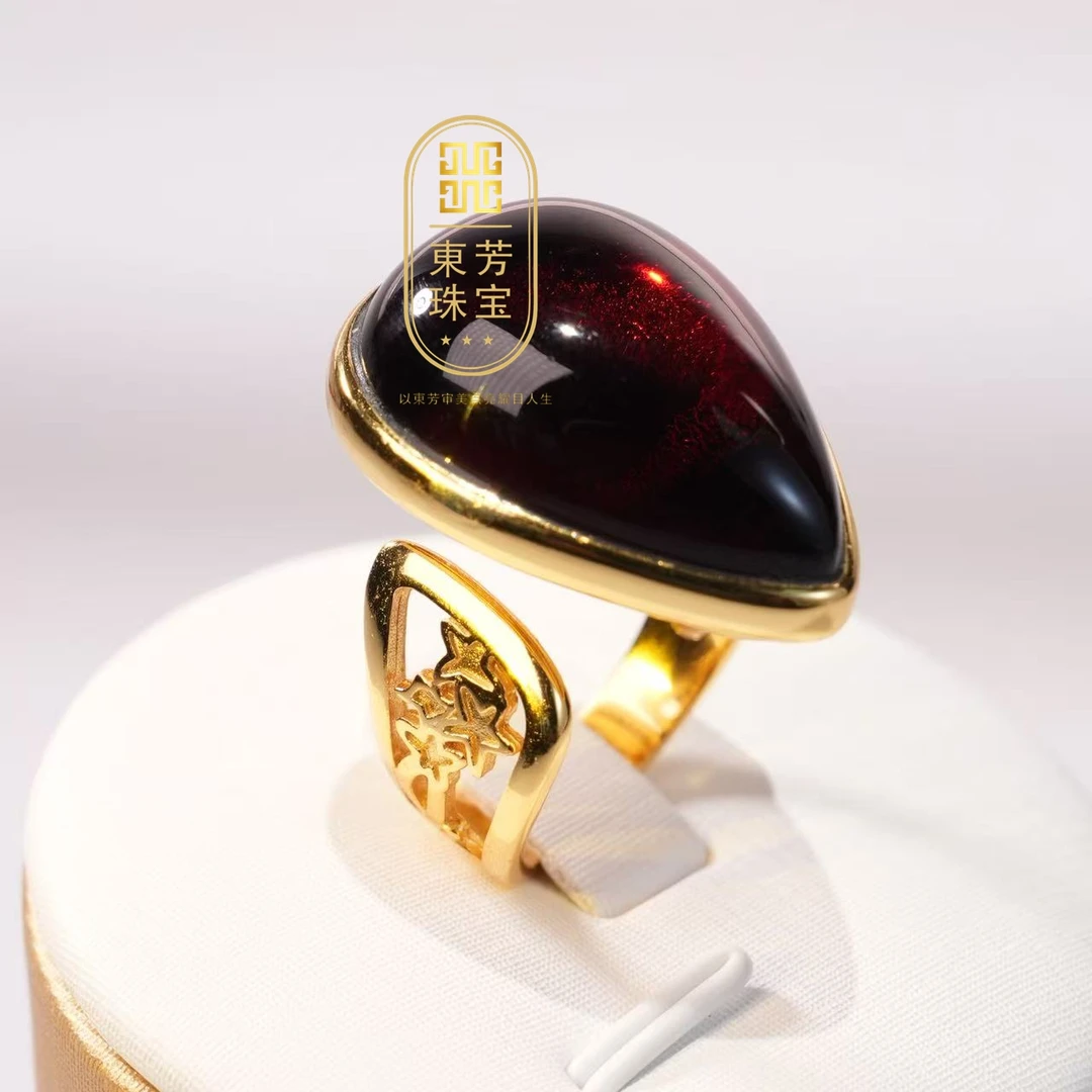 東芳珠宝-缅甸天然琥珀戒指血珀戒指珠蛋面活口金色时尚民族风