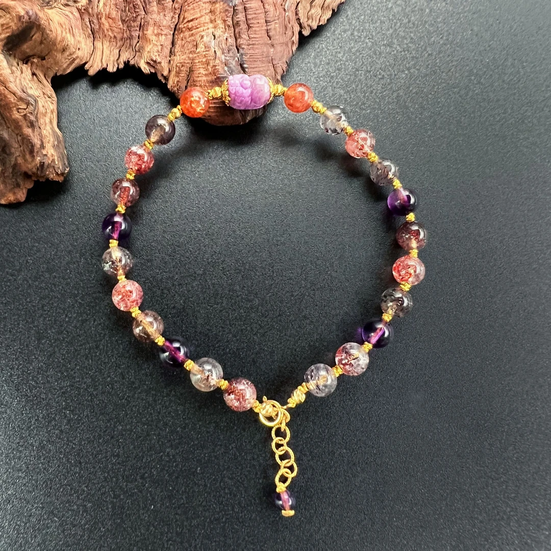 【圣巴黎】天然超期手链圆珠樱花粉貔貅舒俱来18K5/D1814多样性发一