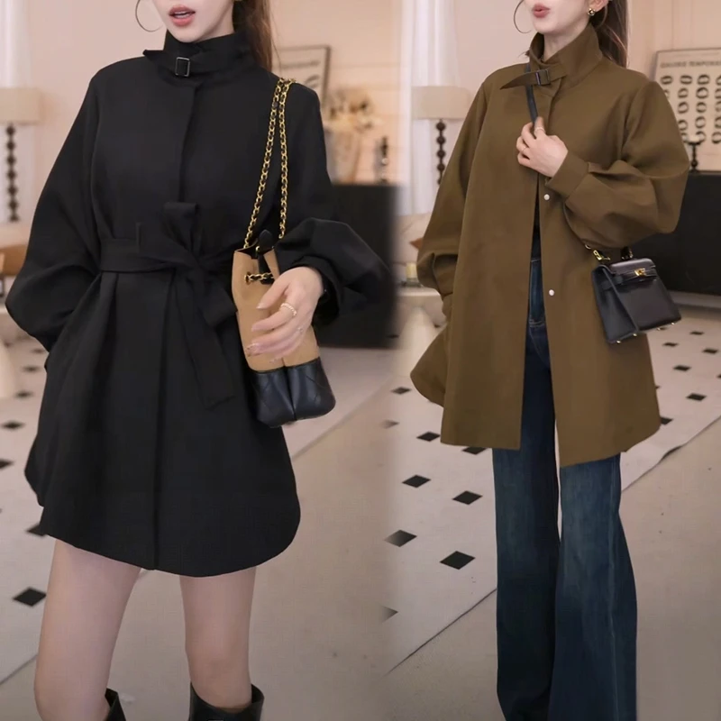 【巴黎旧梦】韩版新款时尚百搭设计感休闲灯笼袖纯色中长款风衣