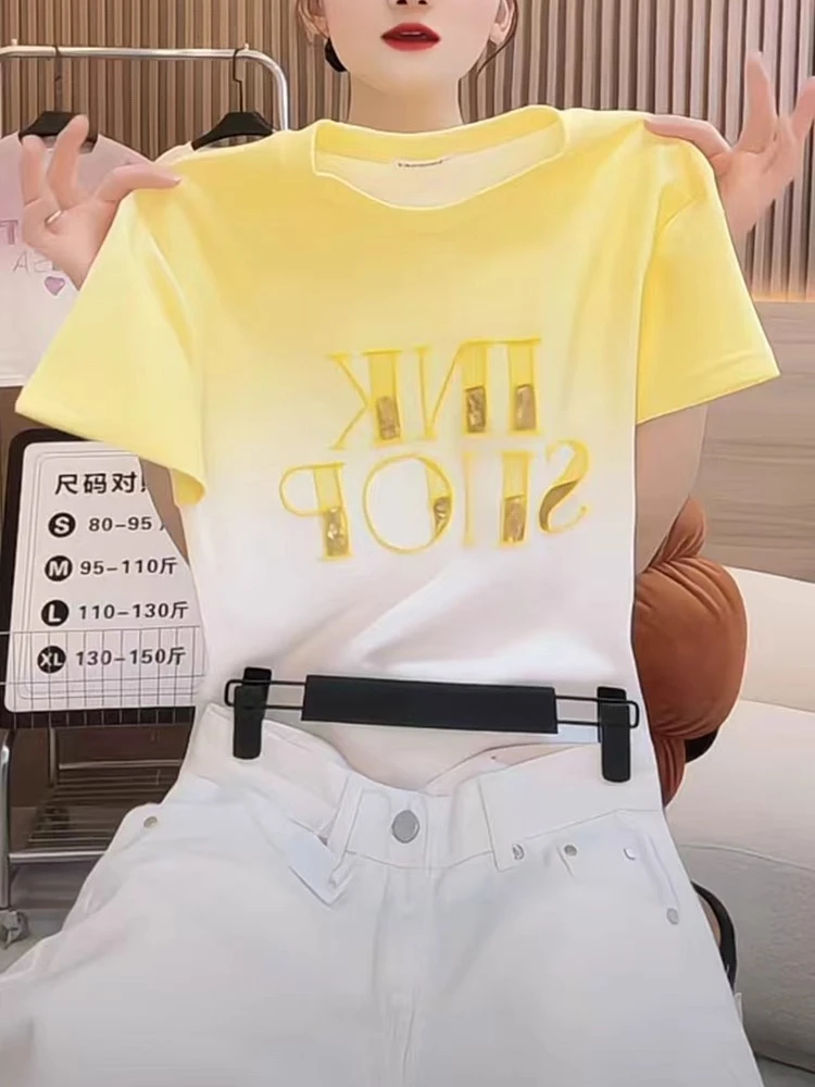 欧货黄色扎染亮片刺绣短袖T恤女2025夏季新款休闲洋气减龄上衣潮