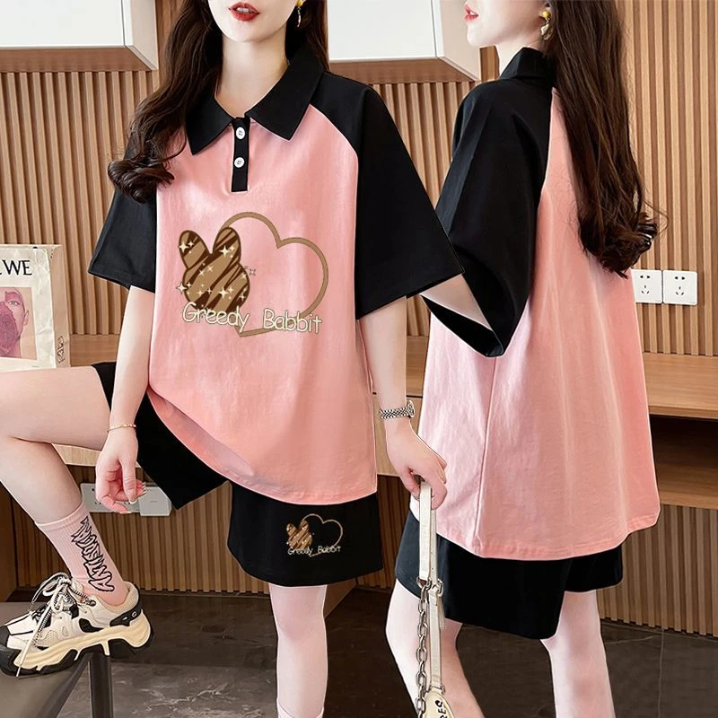 网红学院风纯棉短袖短裤套装女夏季新款韩版宽松T恤时尚两件套潮