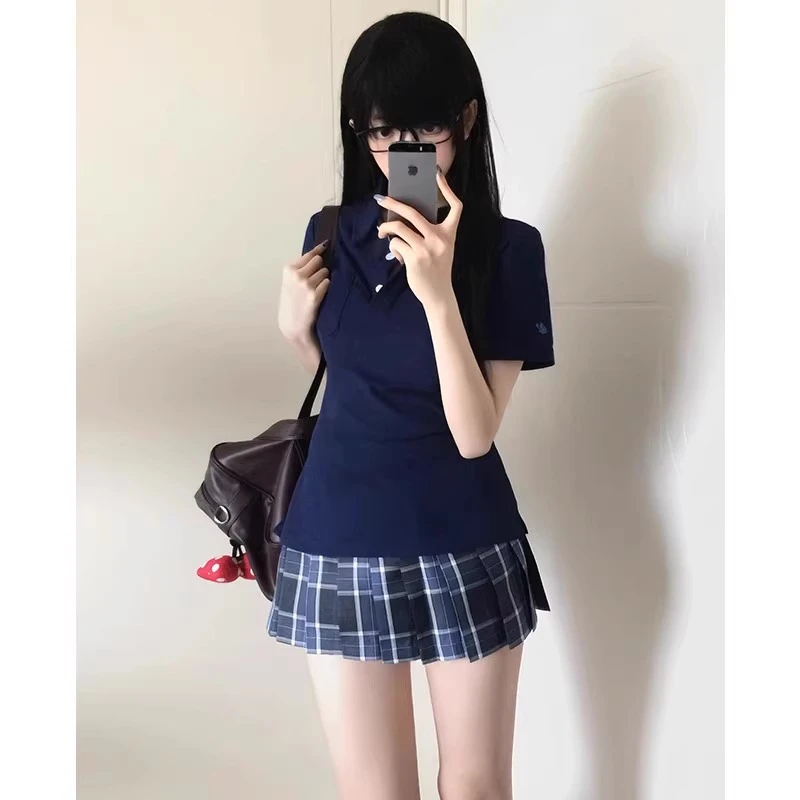 校供感学院风显瘦宽松polo领短袖上衣狗皮皮JK小谷POLO衫夏季日系