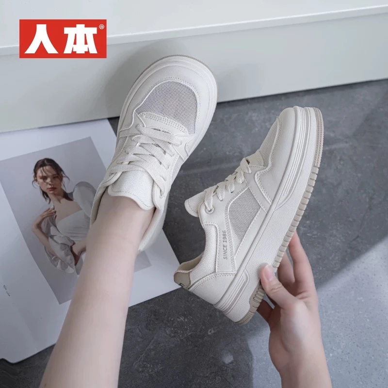 人本网面女鞋25年夏季新款透气小白鞋