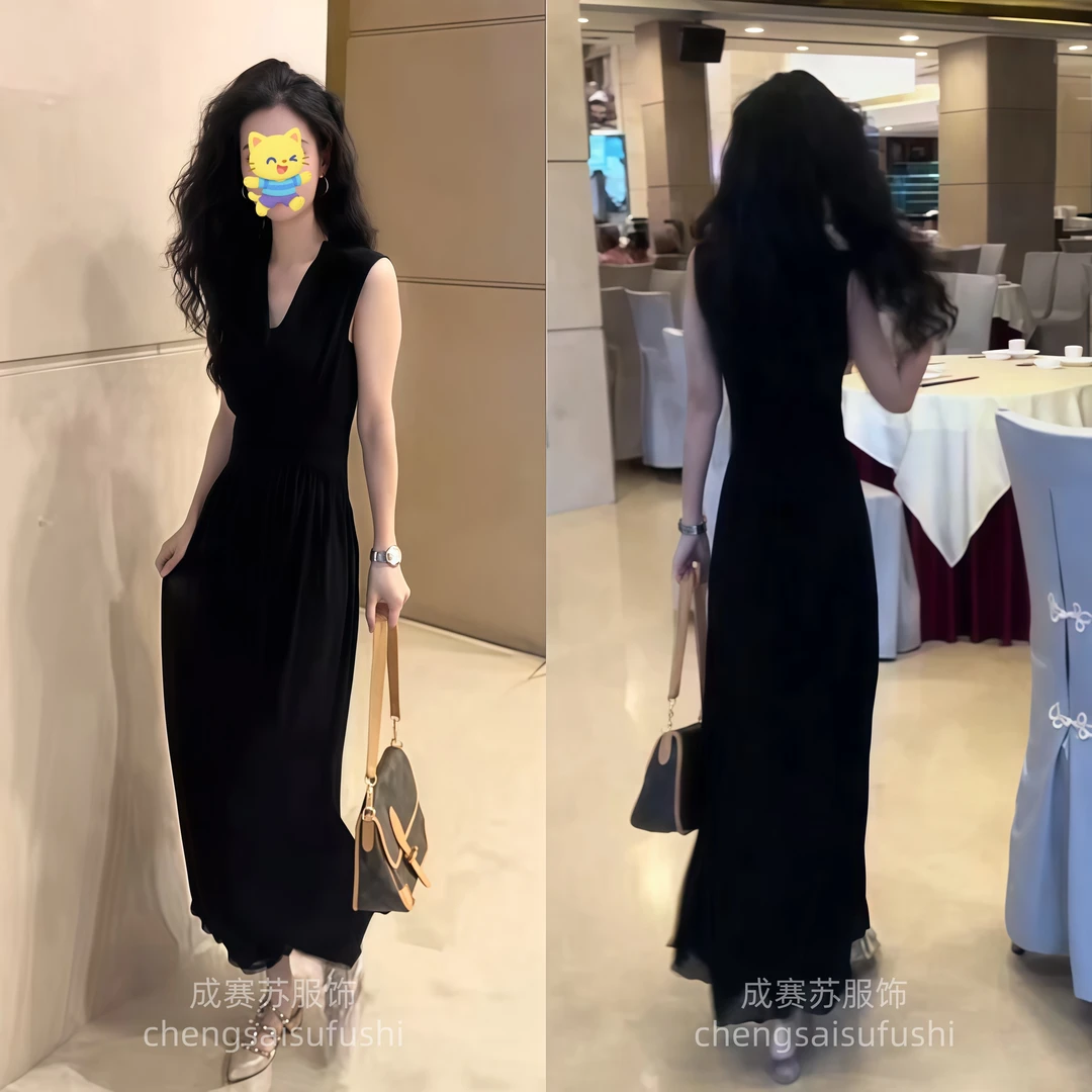 纯色法式长款连衣裙气质时尚收腰V领显瘦FJ82503