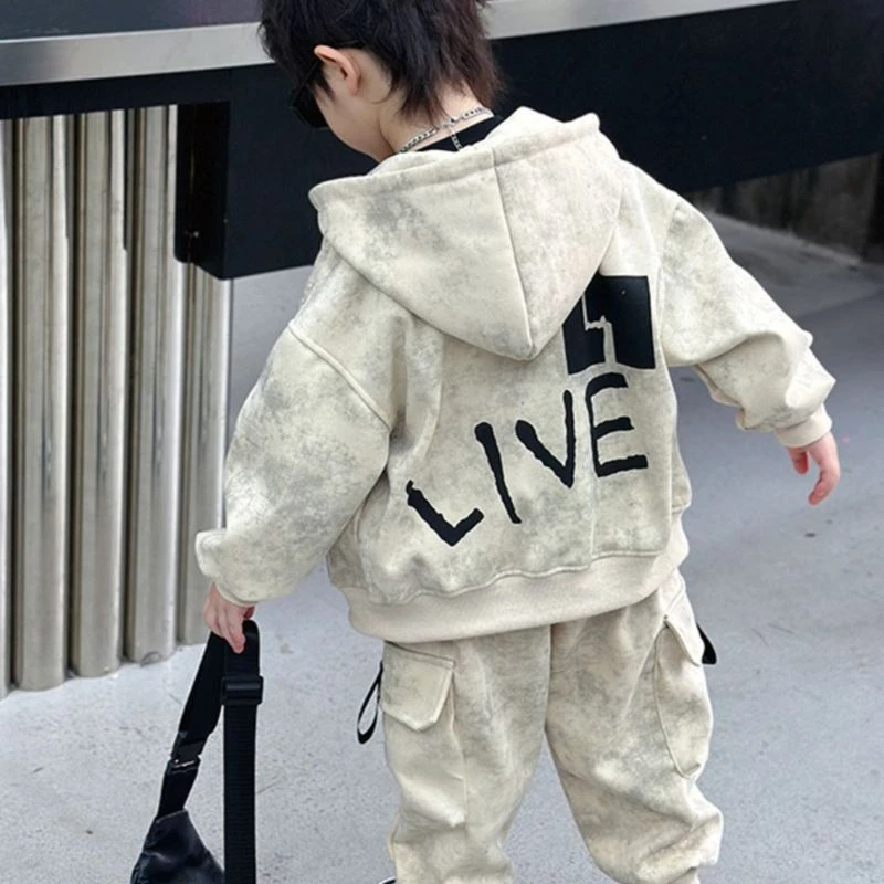 男童工装扎染外套裤子套装时髦春秋男孩子酷帅洋气衣服男生两件套