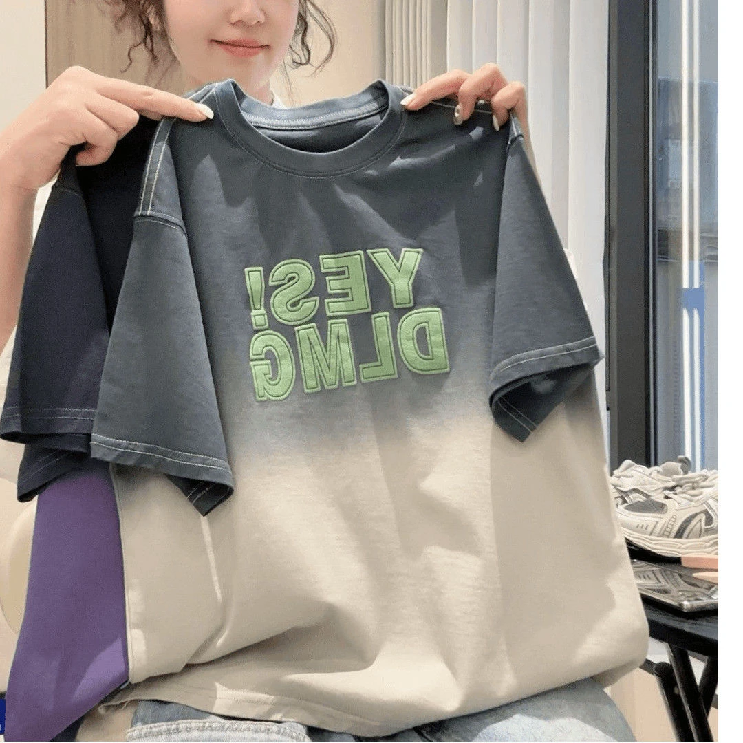 【现货】儿童男童圆领套头中大童韩版宽松短袖T恤纯棉吊染渐变色