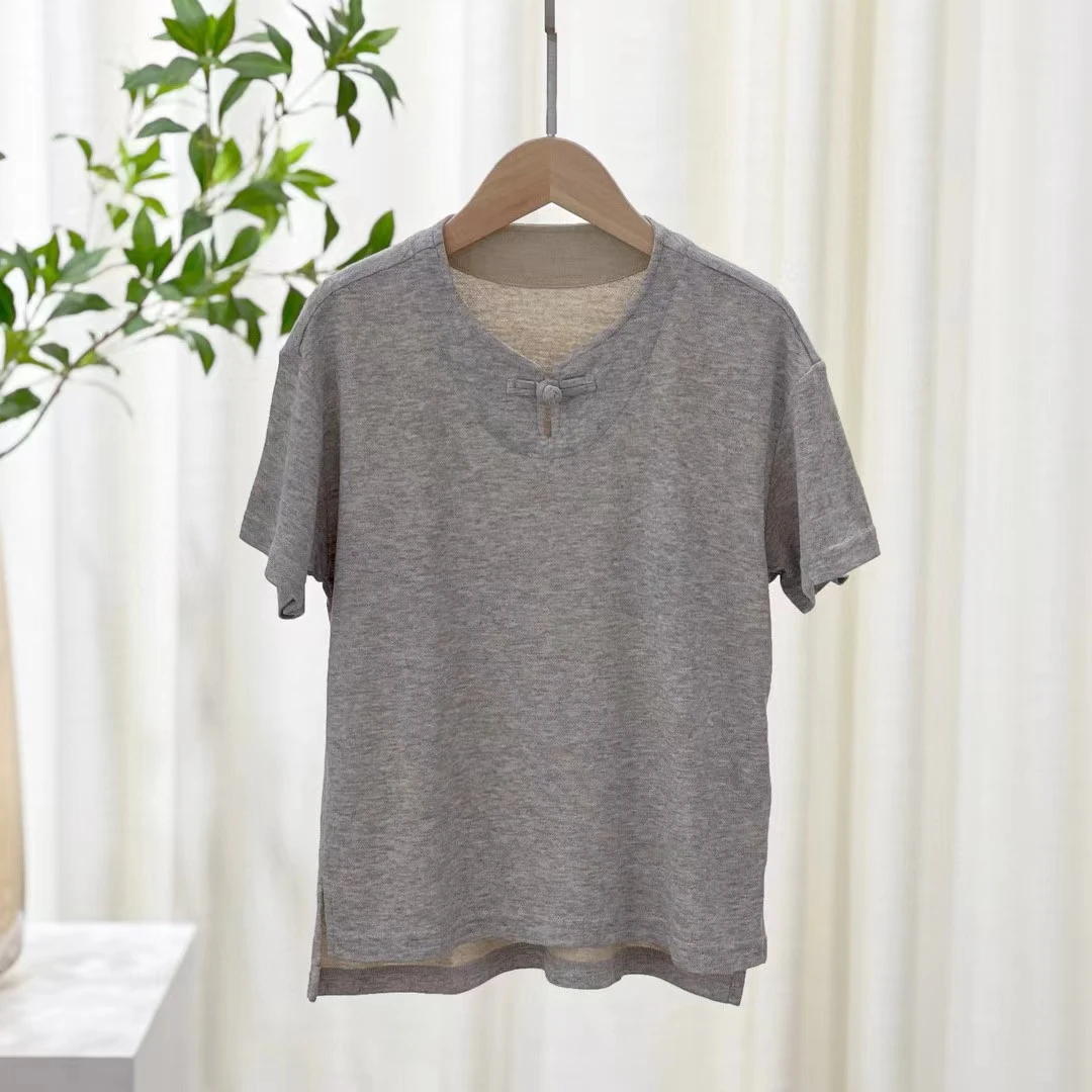 LISIYUJIN天然柞蚕丝国风一粒扣儿童短袖家居服上衣 D230623