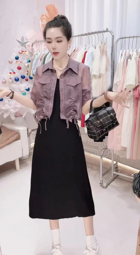 【编码805长款】真两件夏季休闲显瘦法式气质小香风设计师款连衣裙