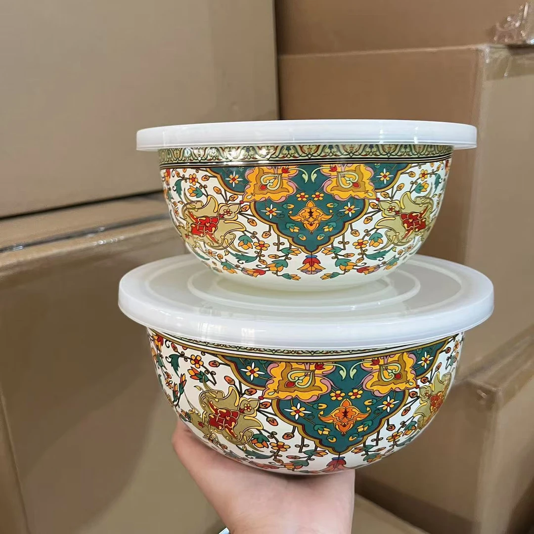 【设计师款】 18+20厘米俄罗斯花 珐琅料理碗 保鲜碗带盖子