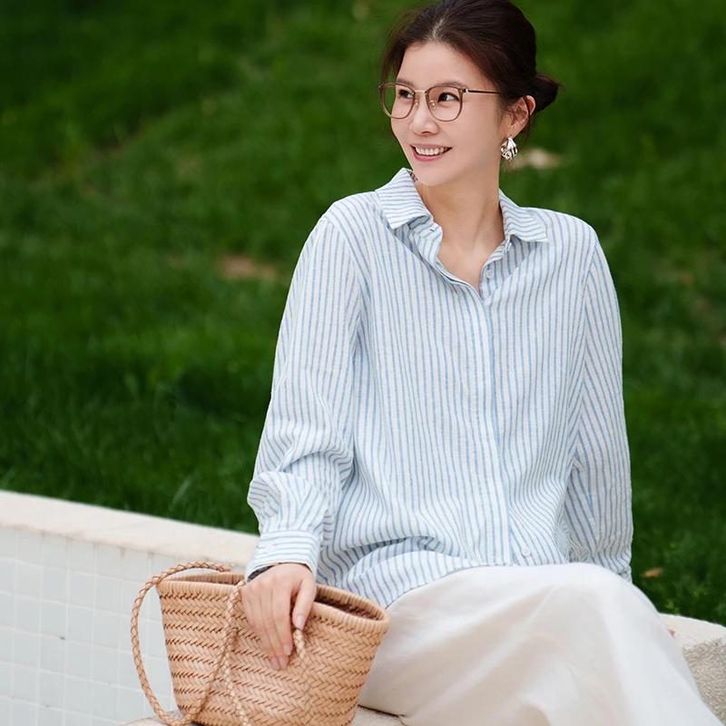 VESSI金社长“海风叙事诗”高支色织亚麻条纹百搭长袖衬衫衬衣上衣